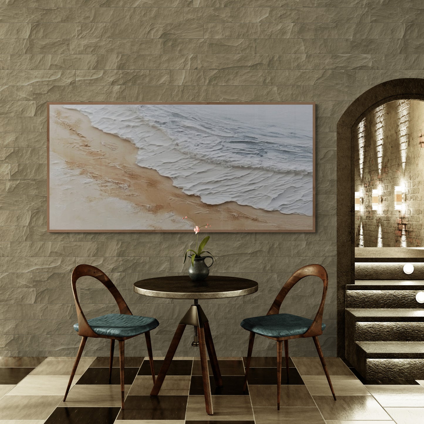 Original abstract relief ,Minimal art texture, With wooden frame and acrylic paint, Ocean wave landscape ,White ocean wave ,Brown coastal