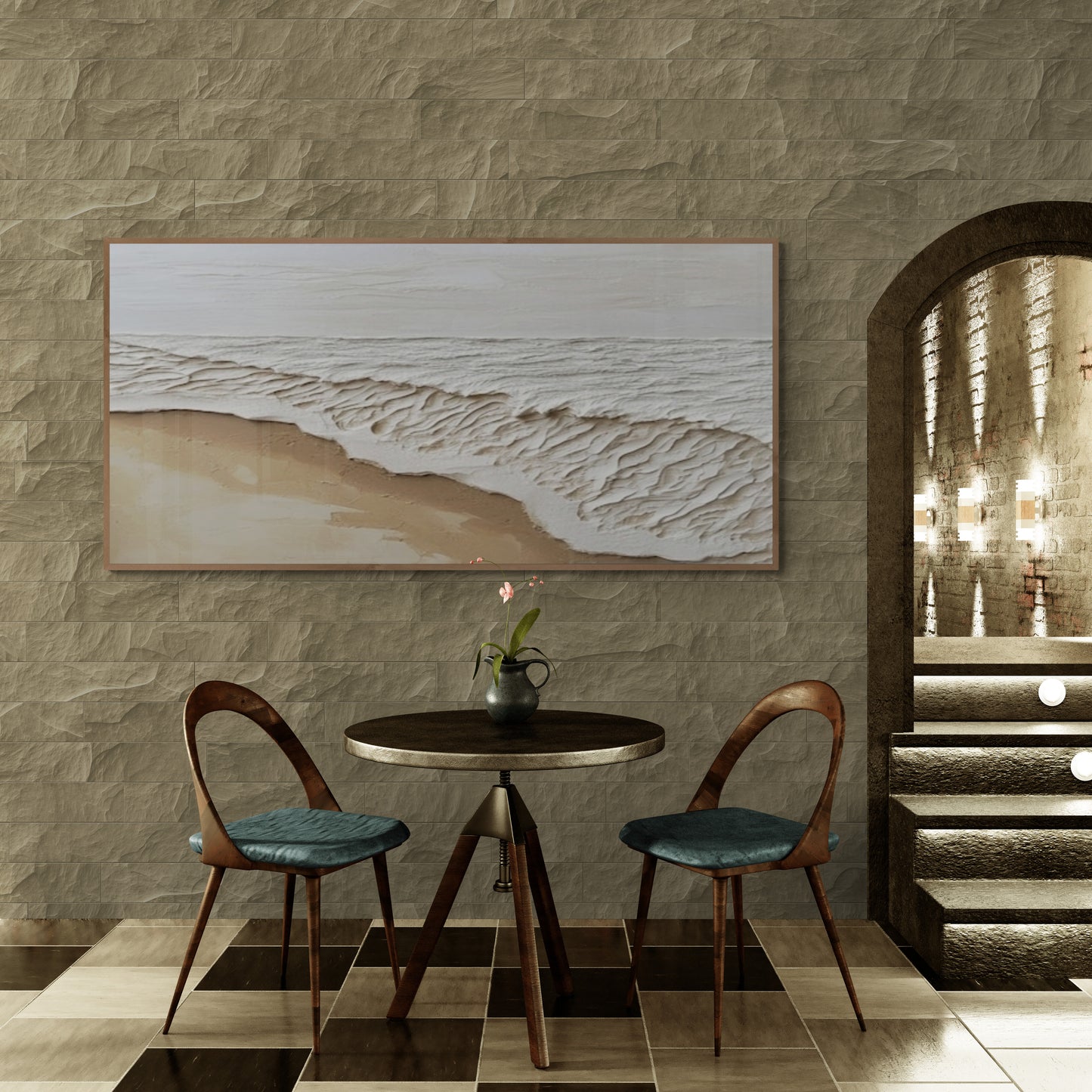 Original abstract relief ,Minimal art texture, With wooden frame and acrylic paint, Ocean wave landscape ,White ocean wave ,Brown coastal