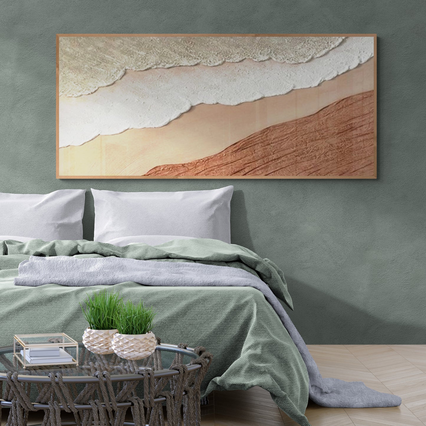 3D texture ,With wooden frame and acrylic paint ,White ocean wave ,Brown coastal  wall decor ,Plaster art texture ,Sea beach relief