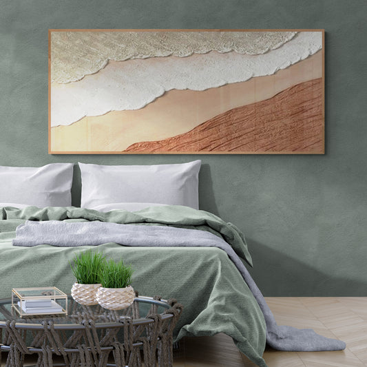 3D texture ,With wooden frame and acrylic paint ,White ocean wave ,Brown coastal  wall decor ,Plaster art texture ,Sea beach relief