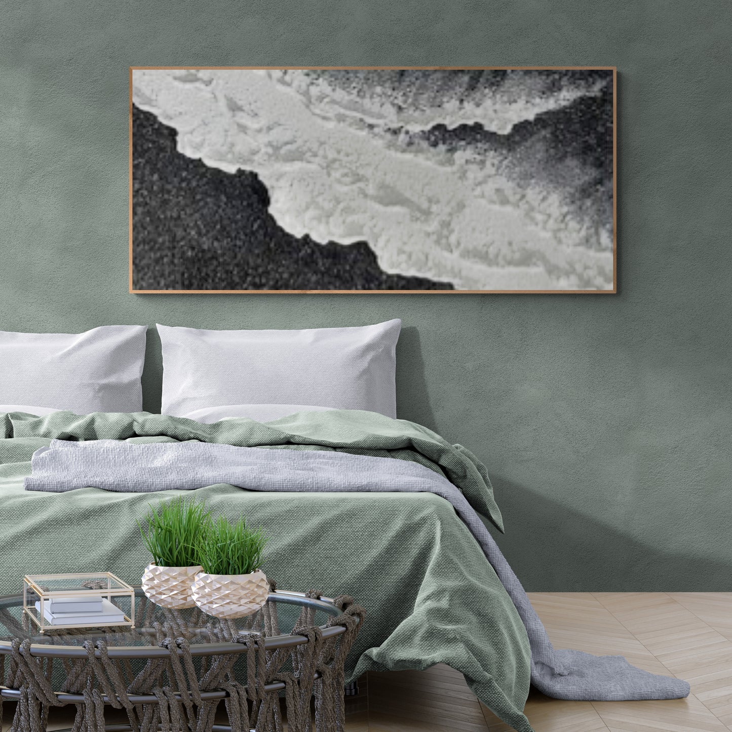 3D texture ,With wooden frame and acrylic paint ,White ocean wave ,Black coastal wall decor ,Plaster art texture ,Sea beach relief