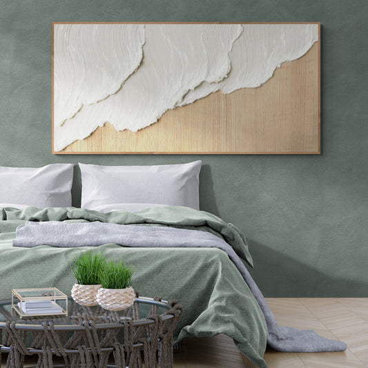 Heavy relief art ,White ocean wave ,Brown coastal  wall decor ,Abstract handmade wall art ,With wooden frame and acrylic paint