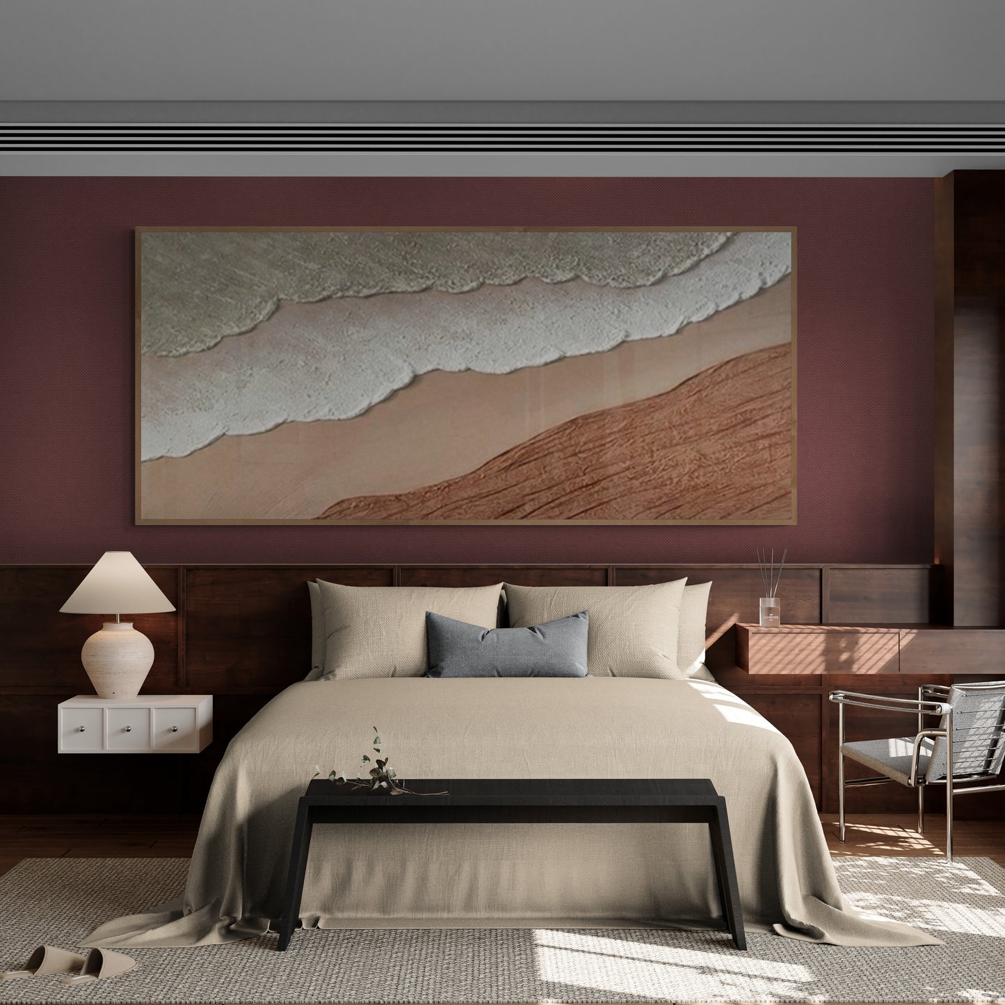 3D texture ,With wooden frame and acrylic paint ,White ocean wave ,Brown coastal  wall decor ,Plaster art texture ,Sea beach relief