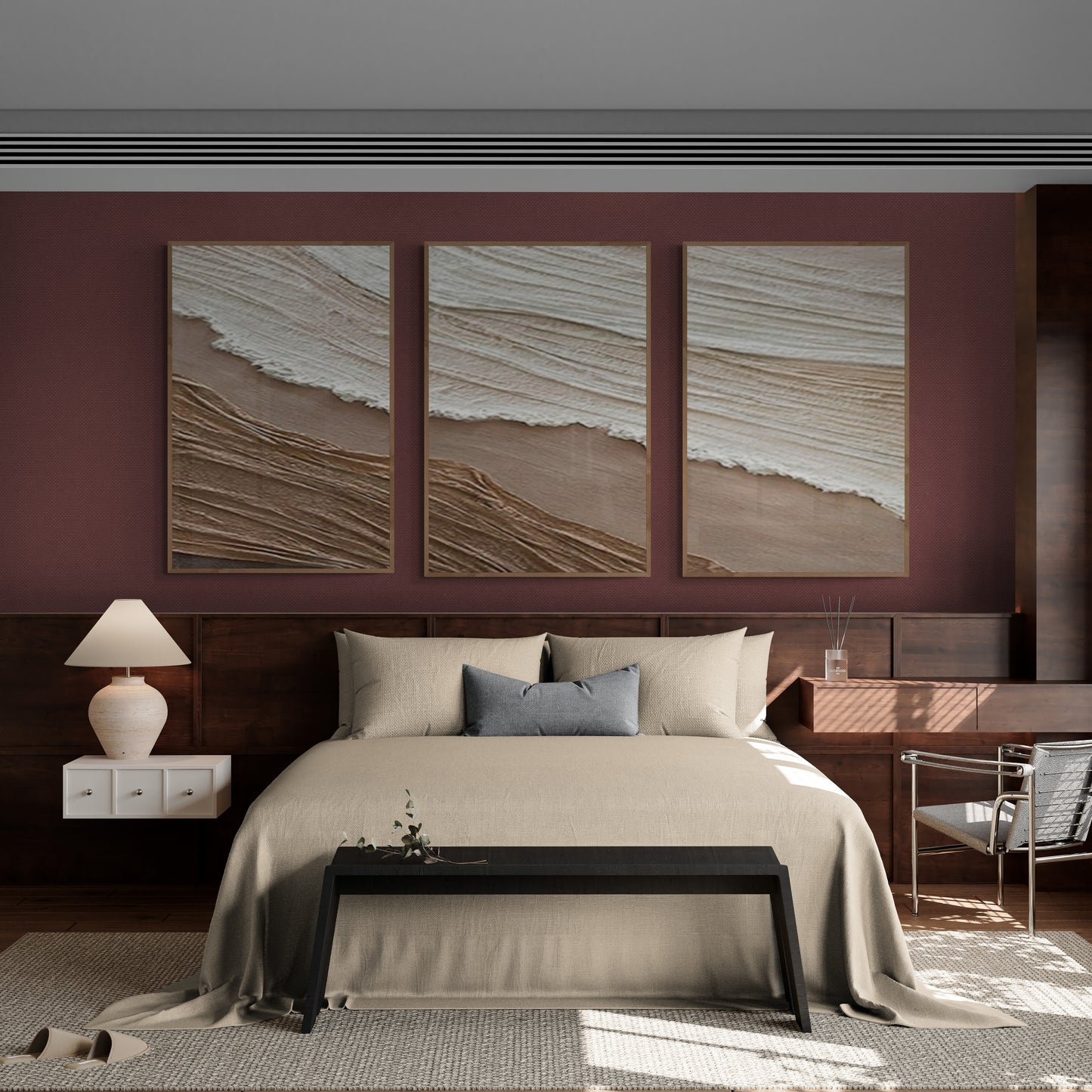 3 pieces ,With wooden frame and acrylic paint ,Boho textured wall ,Brown ocean wave ,Brown coastal  wall decor ,Sea wall art