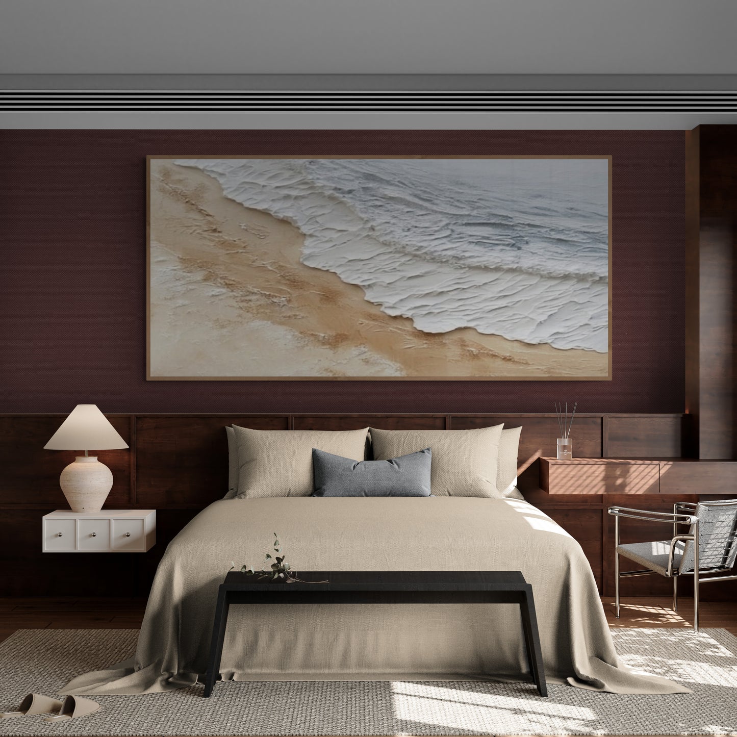 Original abstract relief ,Minimal art texture, With wooden frame and acrylic paint, Ocean wave landscape ,White ocean wave ,Brown coastal
