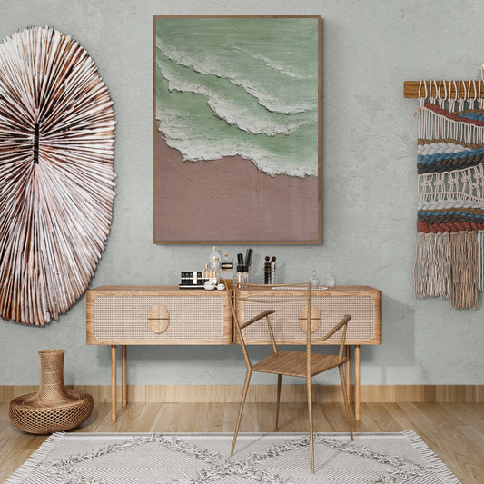 Heavy relief art ,Green ocean wave ,Brown ,coastal wall decor ,Abstract handmade wall art ,With wooden frame and acrylic paint