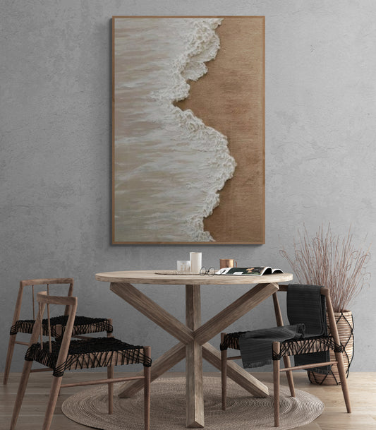 Heavy relief art ,White ocean wave ,Brown coastal  wall decor ,Abstract handmade wall art ,With wooden frame and acrylic paint