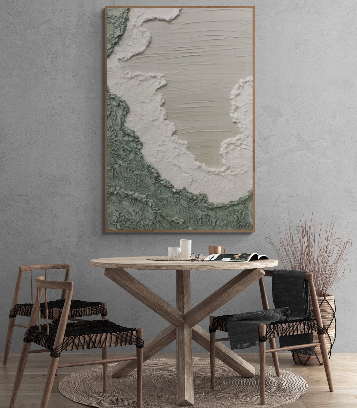 Heavy relief art ,Green ocean wave ,Gray coastal  wall decor ,Abstract handmade wall art ,With wooden frame and acrylic paint