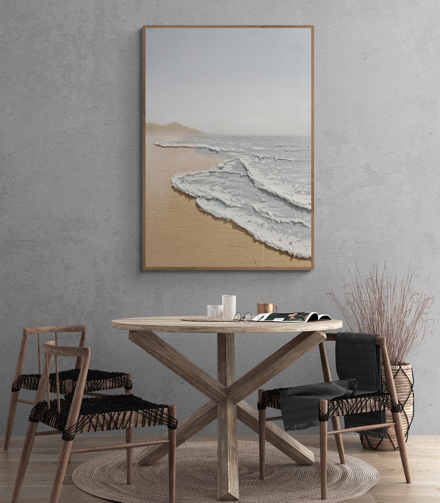 Original abstract relief ,Minimal art texture, With wooden frame and acrylic paint, Ocean wave landscape ,White ocean wave ,Brown coastal