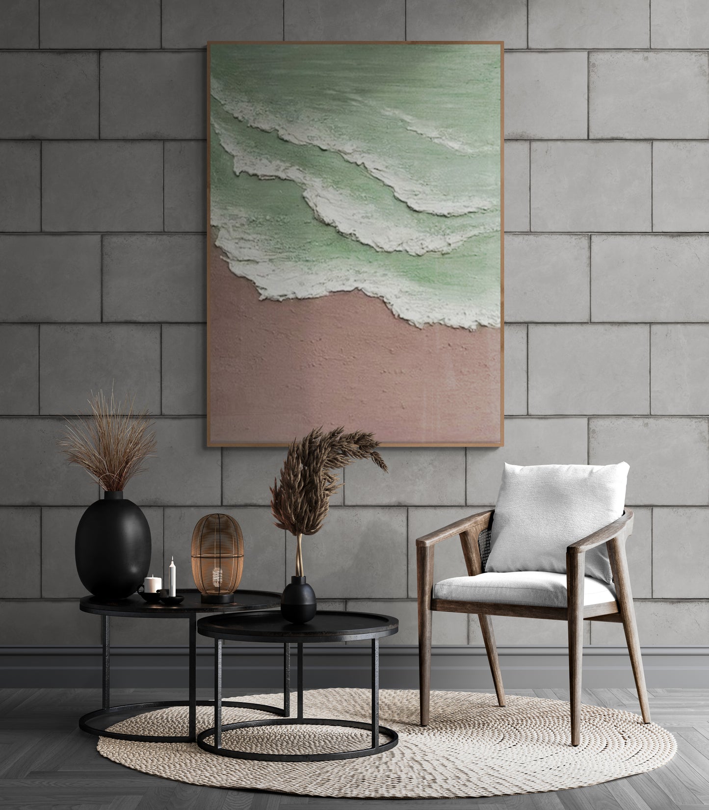 Heavy relief art ,Green ocean wave ,Brown ,coastal wall decor ,Abstract handmade wall art ,With wooden frame and acrylic paint