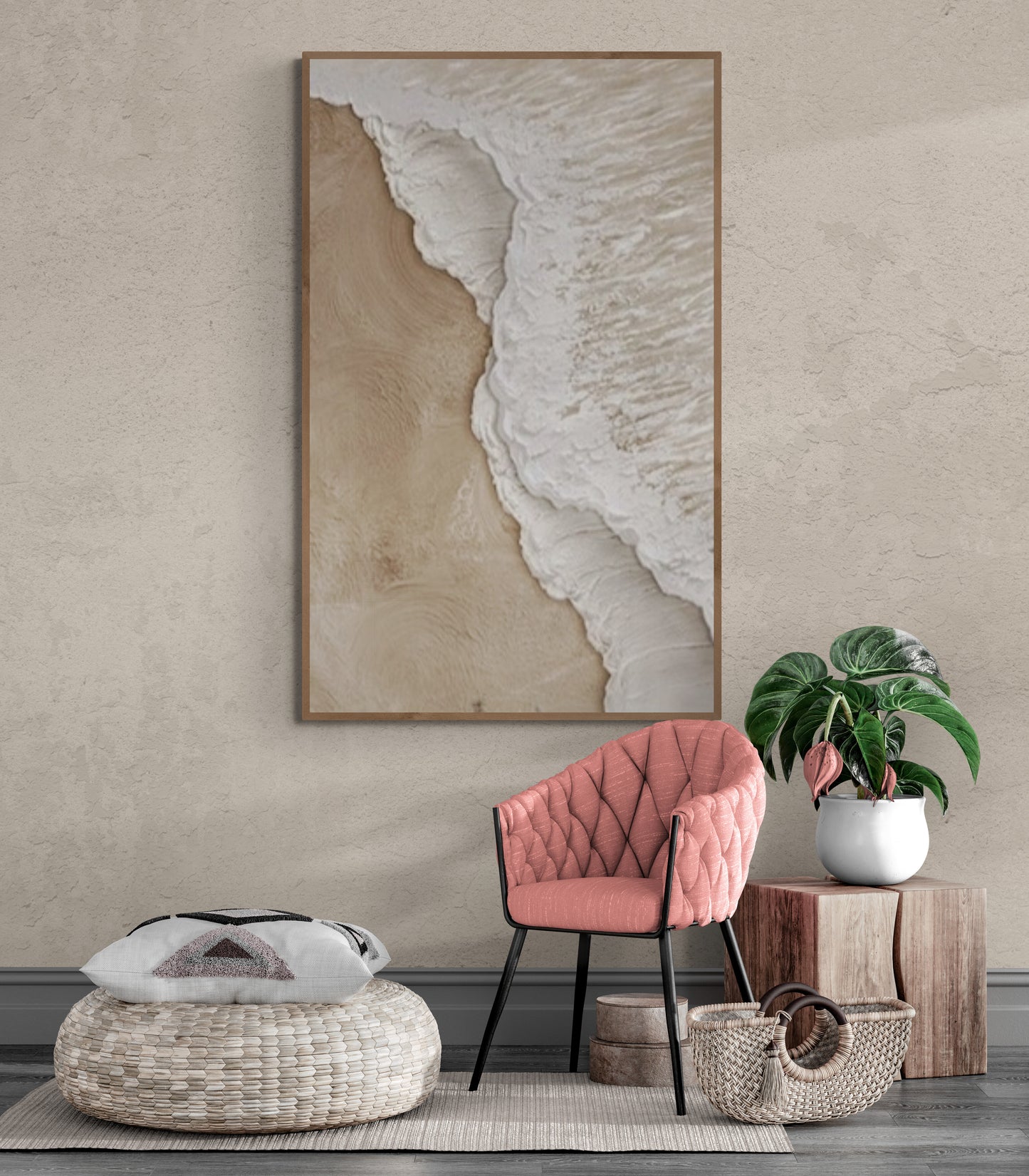 With wooden frame and acrylic paint ,Boho textured wall ,Brown ocean wave ,Brown coastal  wall decor ,Sea wall art