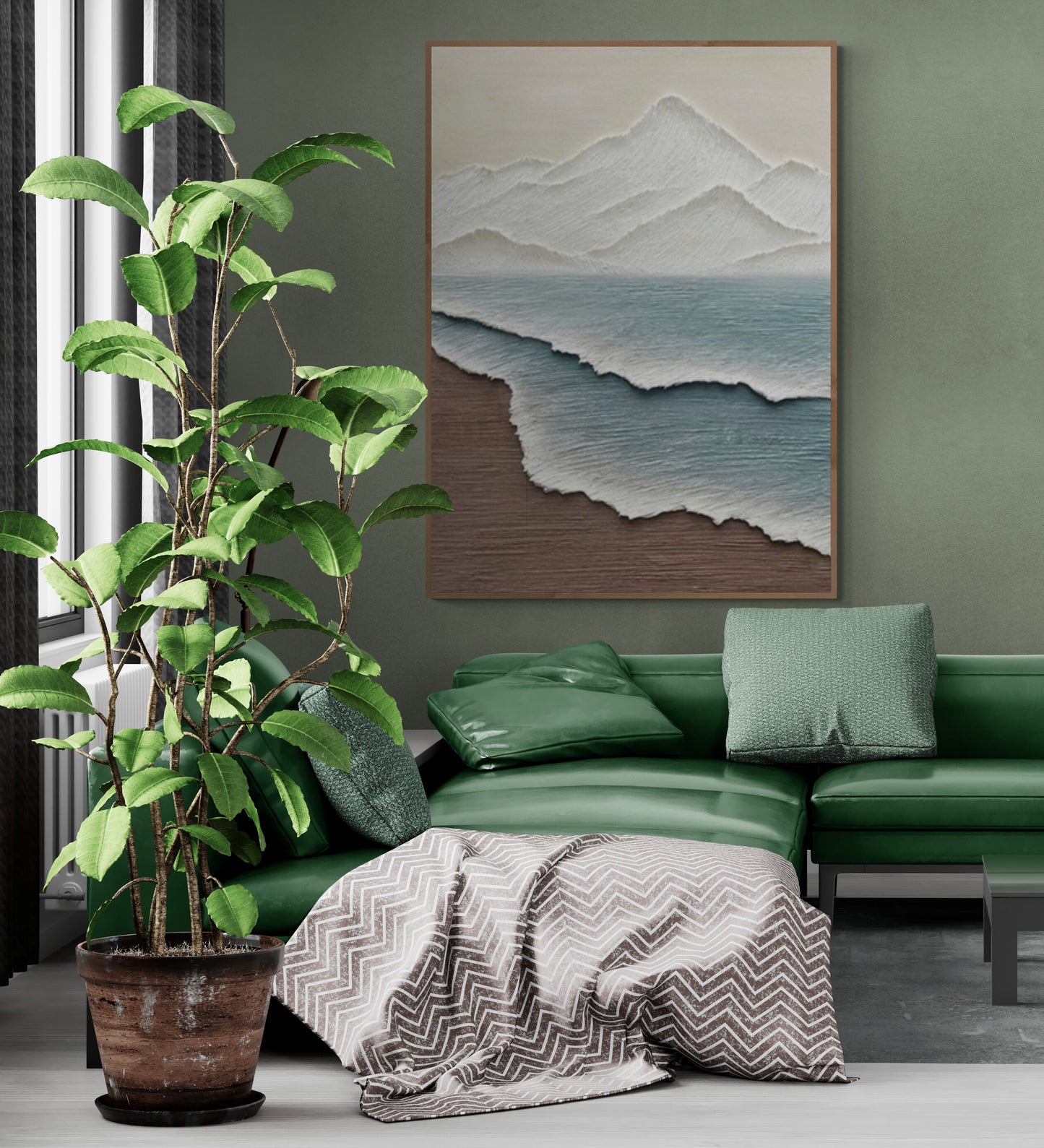 Heavy relief art ,Blue ocean wave ,Brown coastal  wall decor ,Abstract handmade wall art ,With wooden frame and acrylic paint