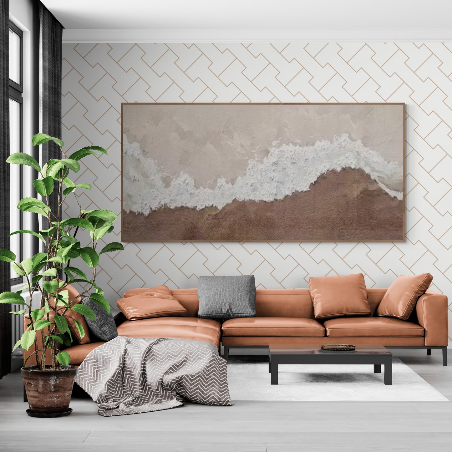 With wooden frame and acrylic paint ,Boho textured wall ,Brown ocean wave , Brown coastal  wall decor ,Sea wall art