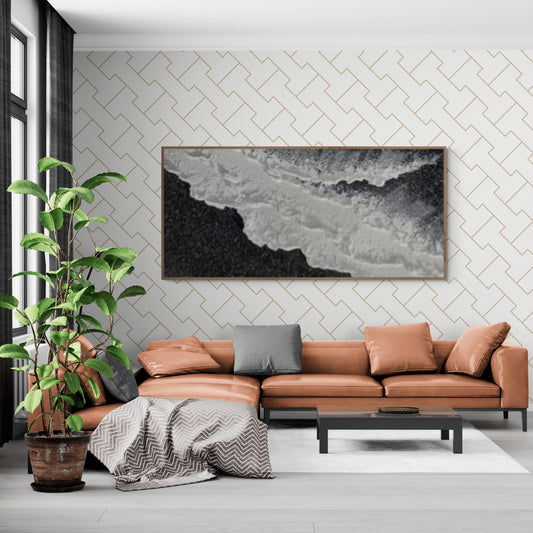 3D texture ,With wooden frame and acrylic paint ,White ocean wave ,Black coastal wall decor ,Plaster art texture ,Sea beach relief