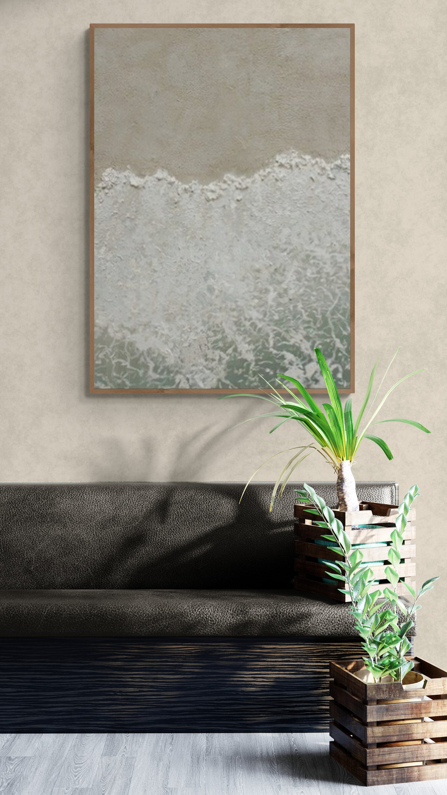 Heavy relief art ,Green and White ocean wave ,Brown coastal  wall decor , Abstract handmade wall art ,With wooden frame and acrylic paint