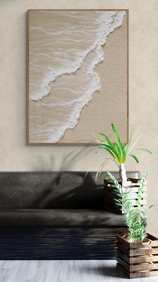 3D texture ,With wooden frame and acrylic paint ,White ocean wave ,Brown coastal  wall decor ,Plaster art texture ,Sea beach relief