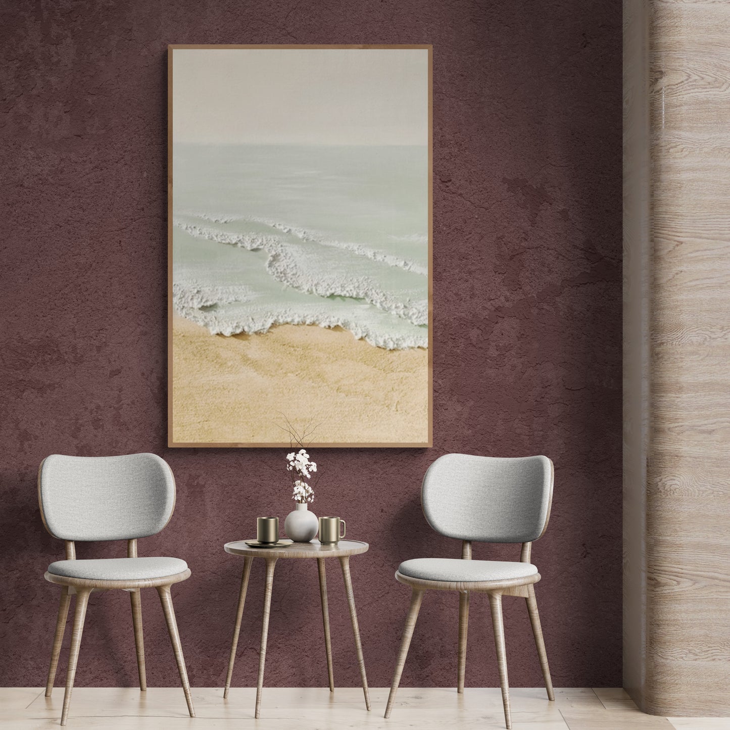 Original abstract relief ,Minimal art texture, With wooden frame and acrylic paint, Ocean wave landscape ,White ocean wave ,Brown coastal