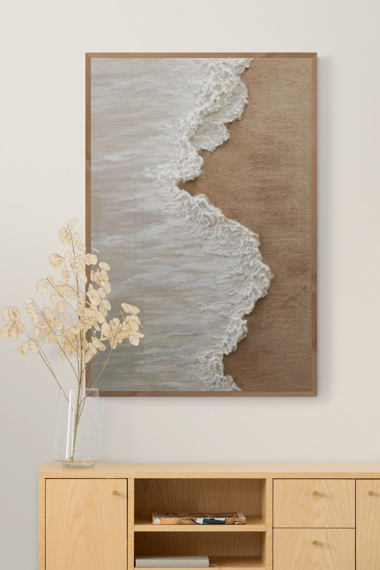 Heavy relief art ,White ocean wave ,Brown coastal  wall decor ,Abstract handmade wall art ,With wooden frame and acrylic paint