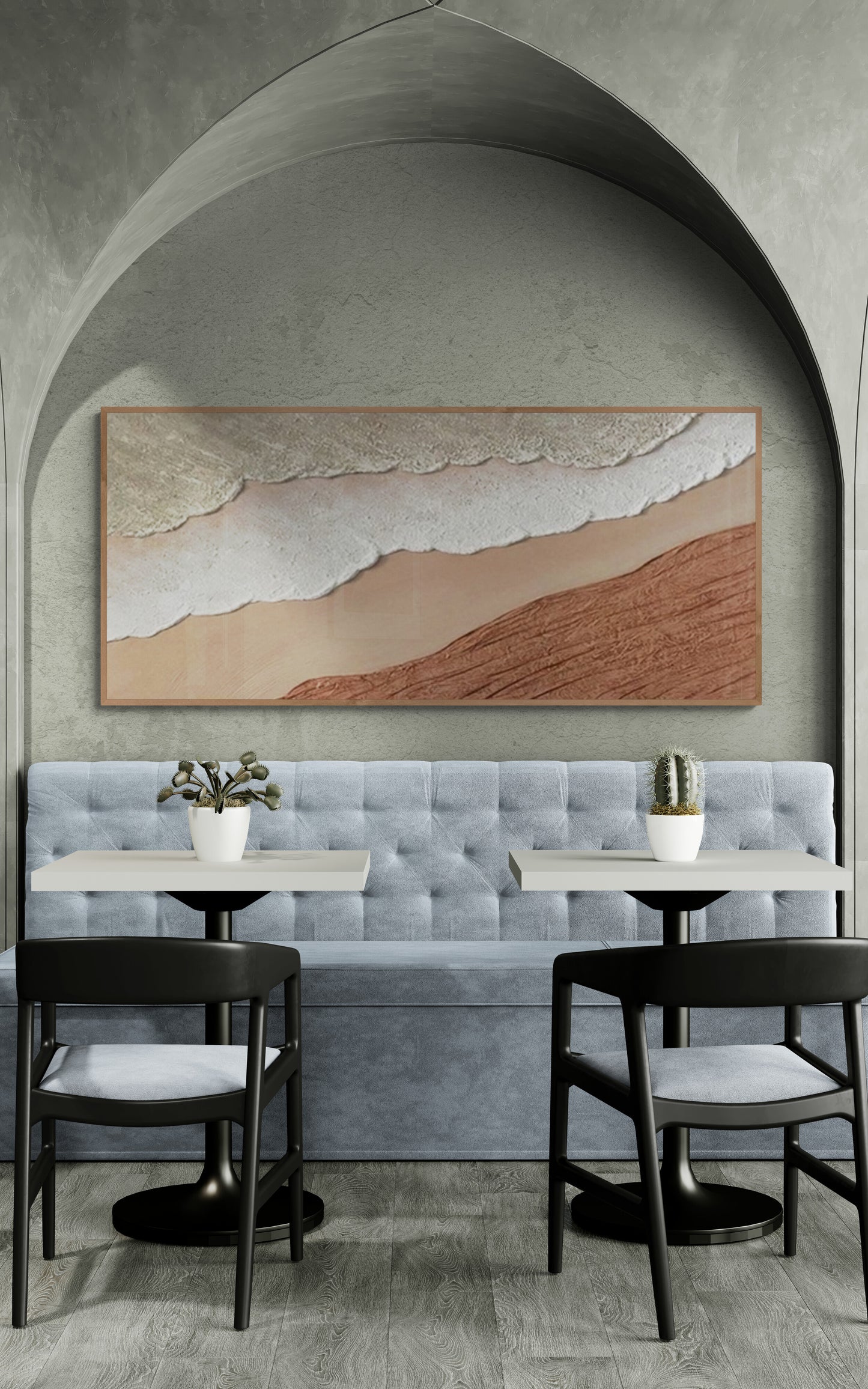 3D texture ,With wooden frame and acrylic paint ,White ocean wave ,Brown coastal  wall decor ,Plaster art texture ,Sea beach relief