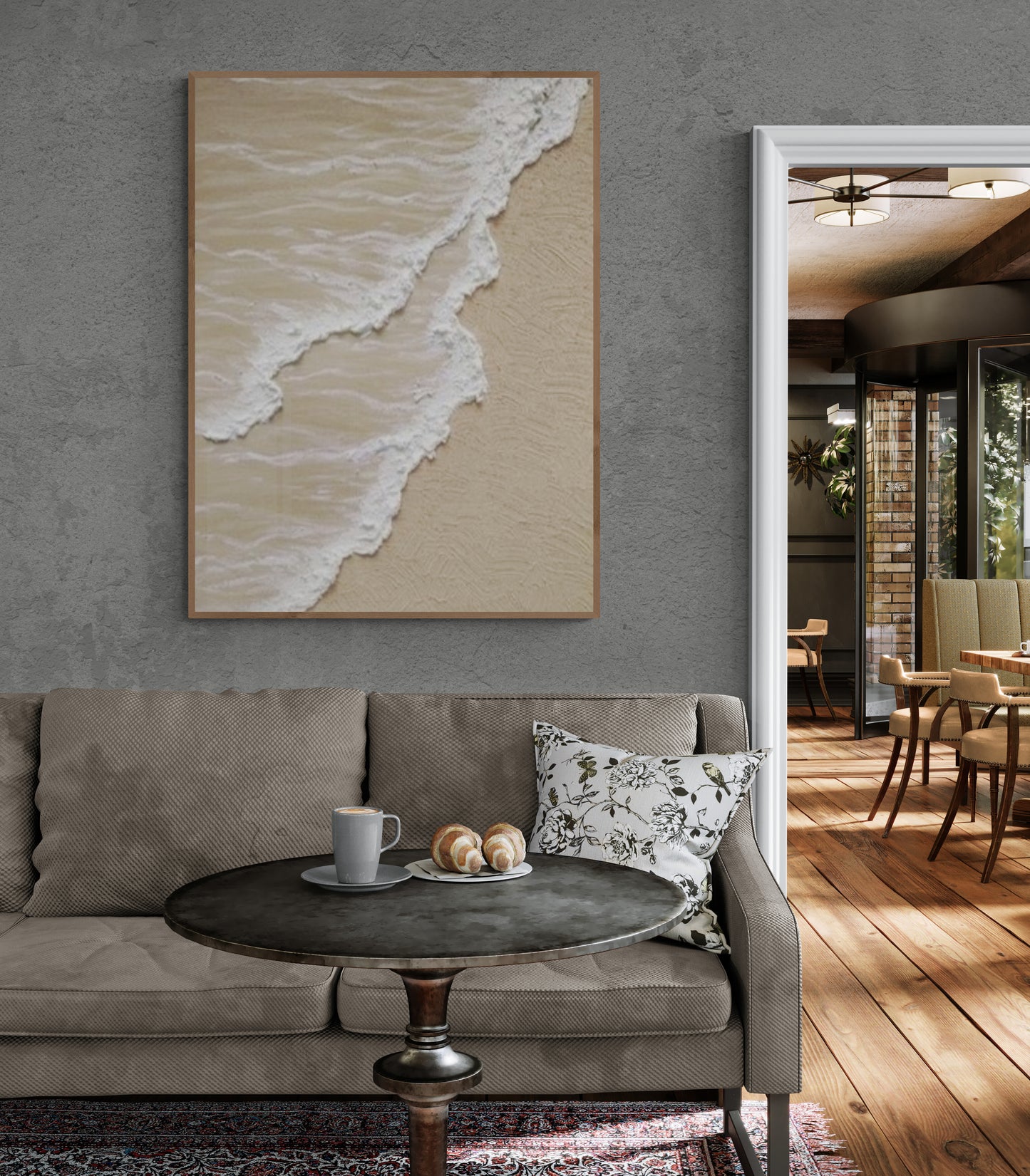 3D texture ,With wooden frame and acrylic paint ,White ocean wave ,Brown coastal  wall decor ,Plaster art texture ,Sea beach relief
