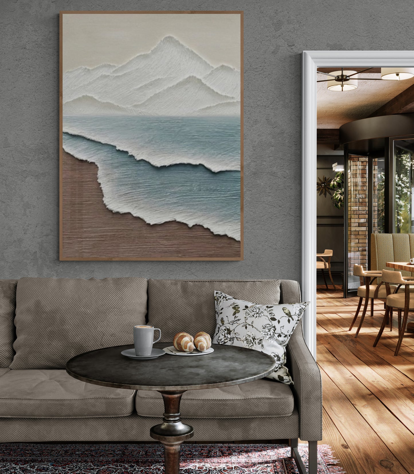 Heavy relief art ,Blue ocean wave ,Brown coastal  wall decor ,Abstract handmade wall art ,With wooden frame and acrylic paint