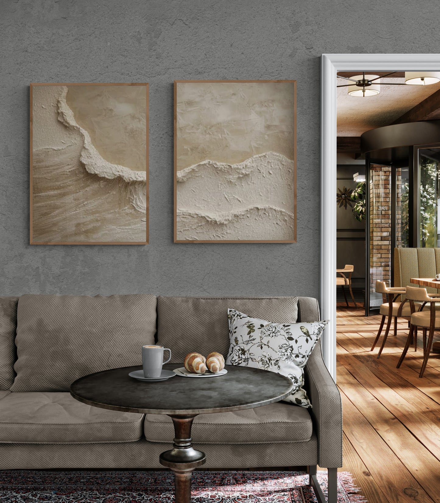 2 pieces ,With wooden frame and acrylic paint ,Boho textured wall ,Brown ocean wave ,Brown coastal  wall decor ,Sea wall art