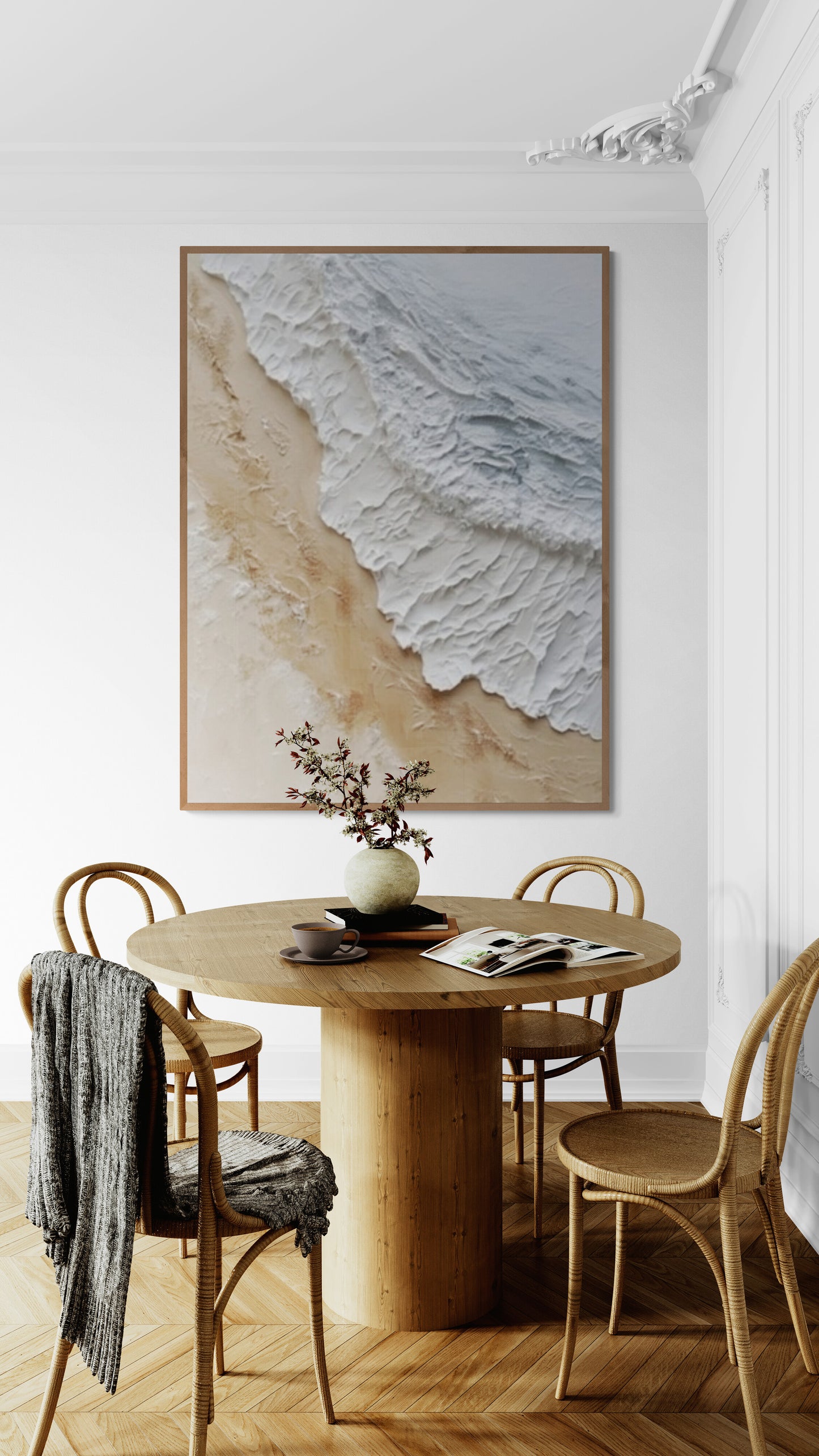 3D texture ,With wooden frame and acrylic paint ,White ocean wave ,Brown coastal  wall decor ,Plaster art texture ,Sea beach relief