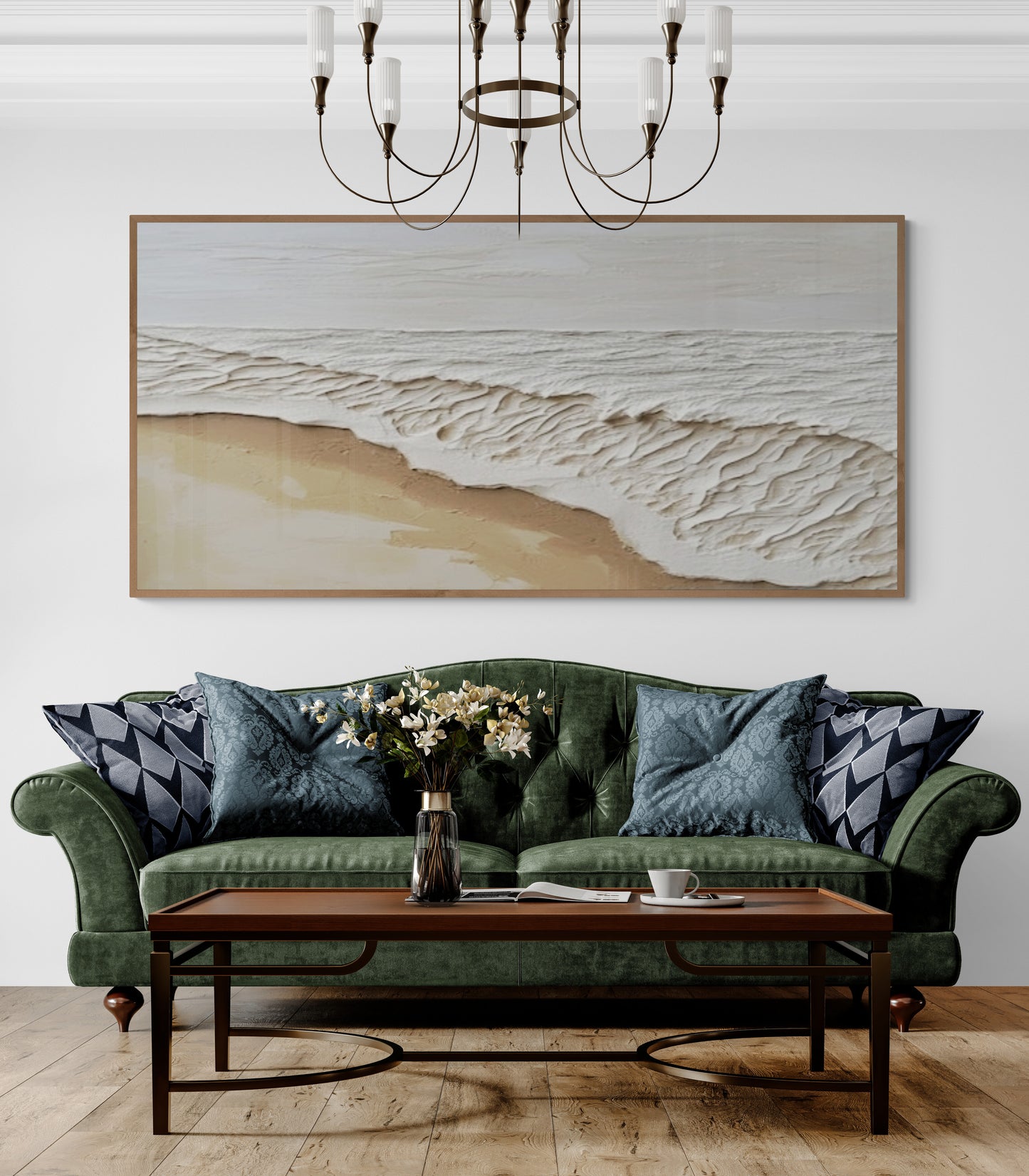 Original abstract relief ,Minimal art texture, With wooden frame and acrylic paint, Ocean wave landscape ,White ocean wave ,Brown coastal