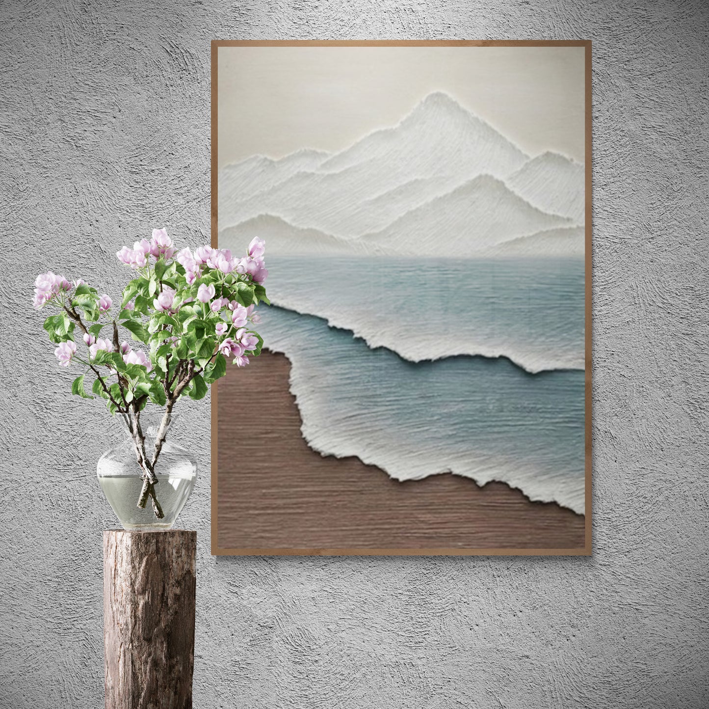 Heavy relief art ,Blue ocean wave ,Brown coastal  wall decor ,Abstract handmade wall art ,With wooden frame and acrylic paint