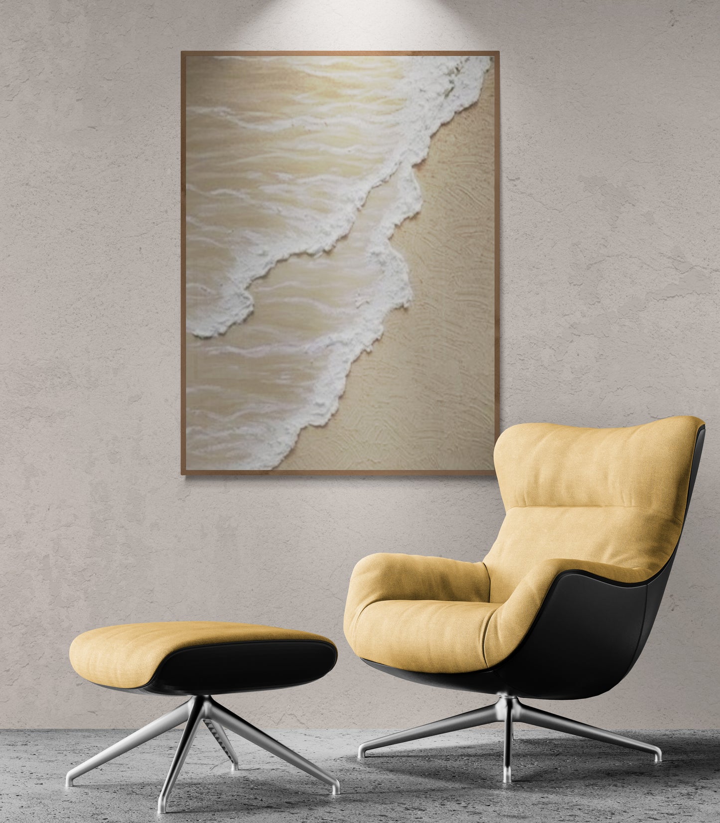 3D texture ,With wooden frame and acrylic paint ,White ocean wave ,Brown coastal  wall decor ,Plaster art texture ,Sea beach relief