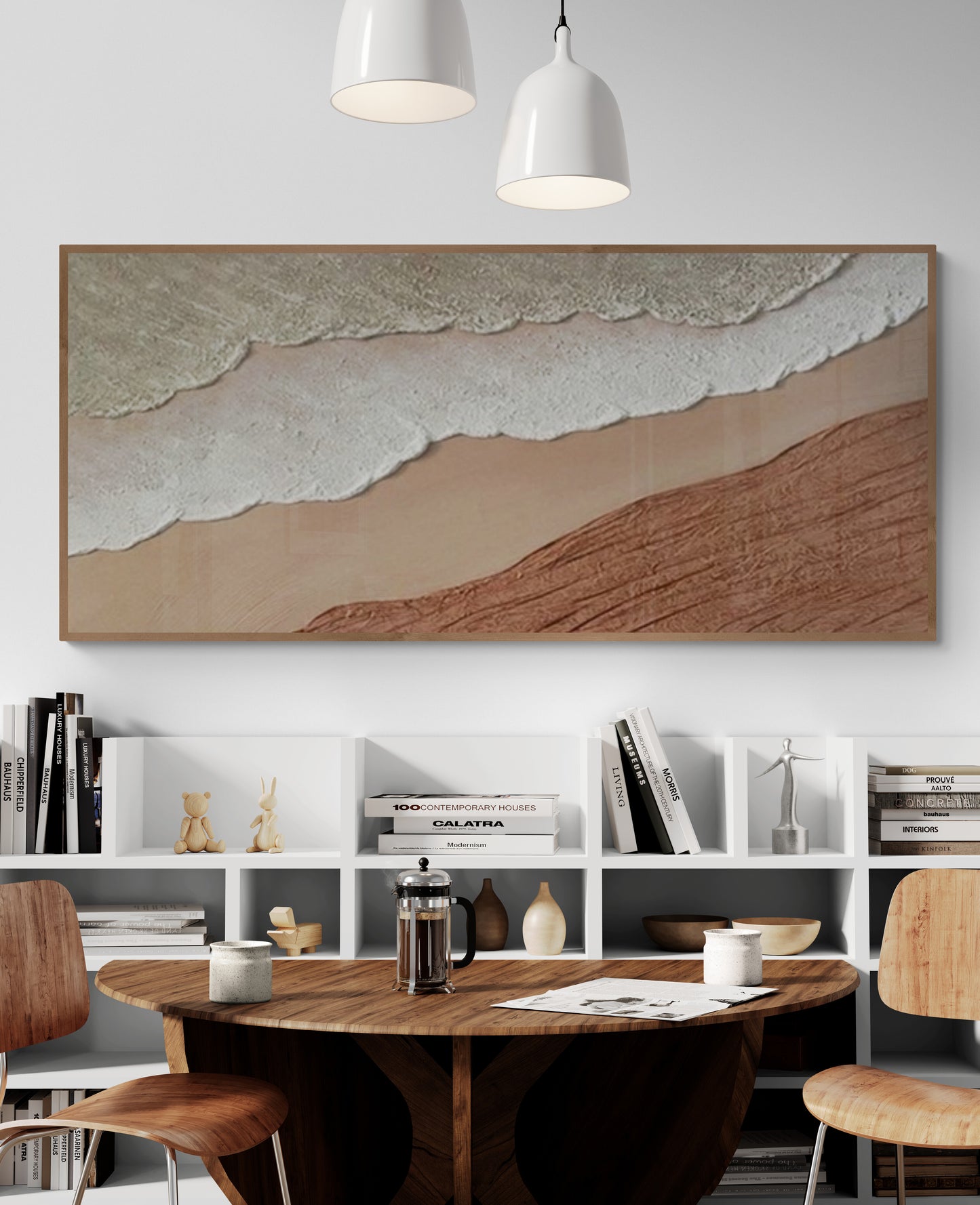 3D texture ,With wooden frame and acrylic paint ,White ocean wave ,Brown coastal  wall decor ,Plaster art texture ,Sea beach relief