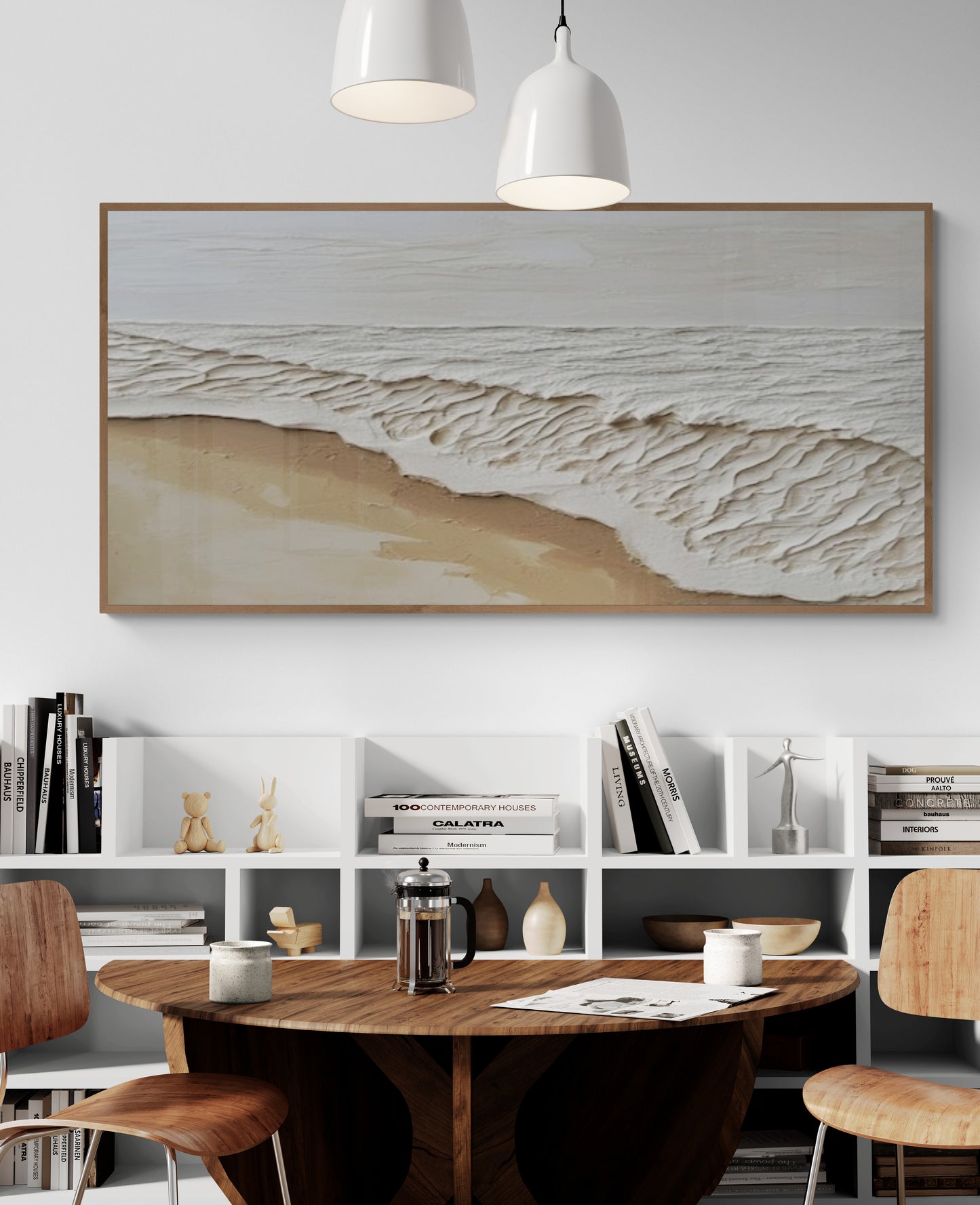 Original abstract relief ,Minimal art texture, With wooden frame and acrylic paint, Ocean wave landscape ,White ocean wave ,Brown coastal