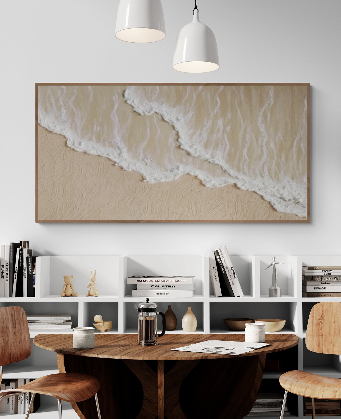 3D texture ,With wooden frame and acrylic paint ,White ocean wave ,Brown coastal  wall decor ,Plaster art texture ,Sea beach relief