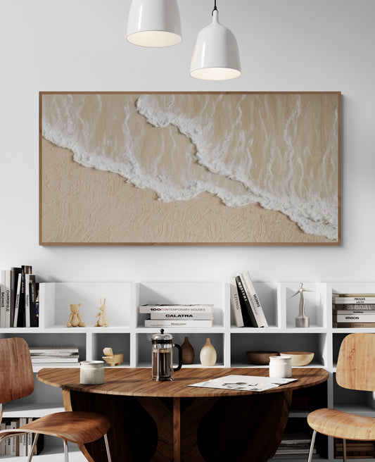 3D texture ,With wooden frame and acrylic paint ,White ocean wave ,Brown coastal  wall decor ,Plaster art texture ,Sea beach relief