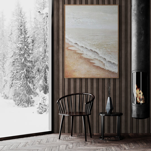 Original abstract relief ,Minimal art texture, With wooden frame and acrylic paint, Ocean wave landscape ,White ocean wave ,Brown coastal