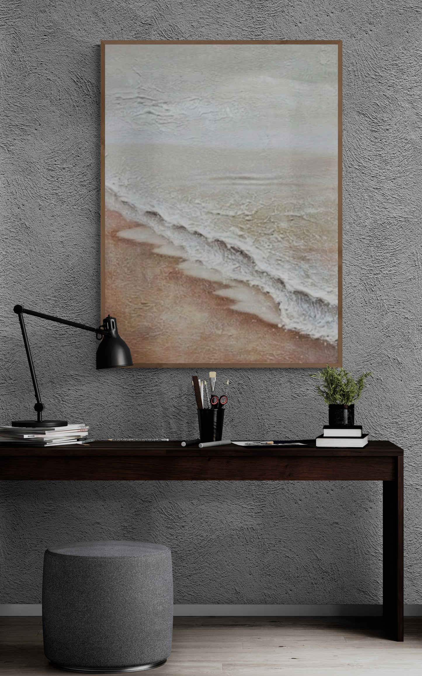 Original abstract relief ,Minimal art texture, With wooden frame and acrylic paint, Ocean wave landscape ,White ocean wave ,Brown coastal