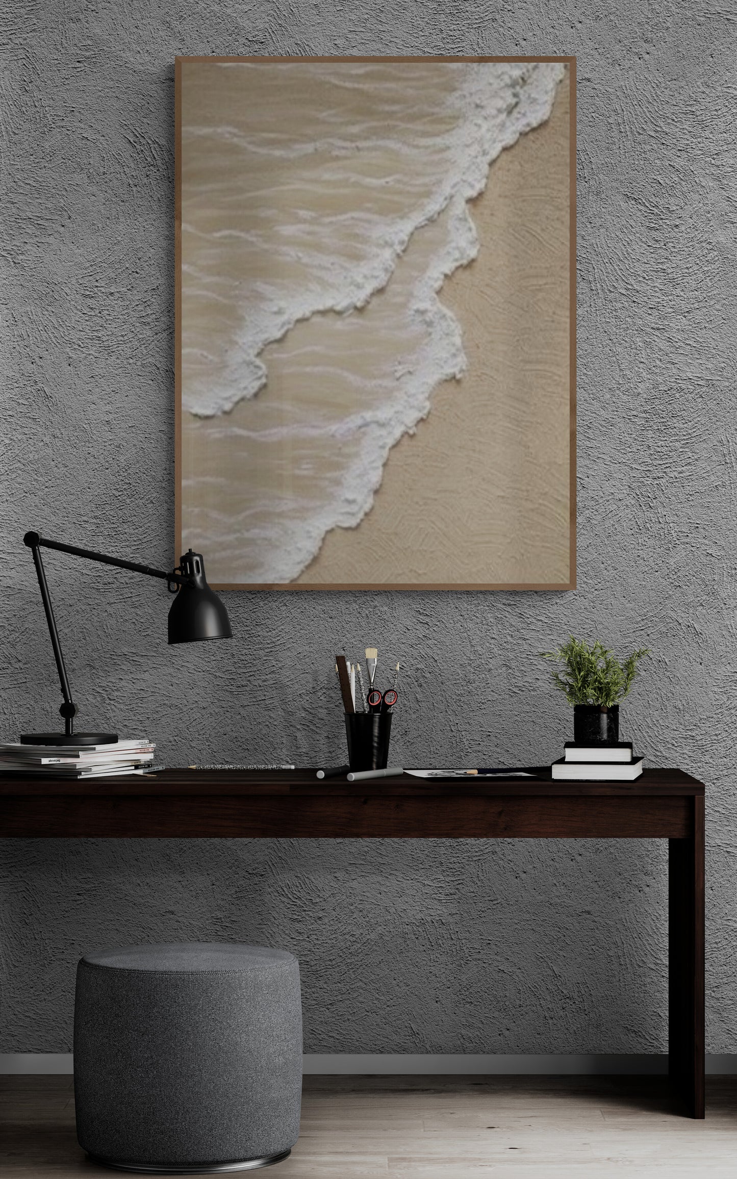 3D texture ,With wooden frame and acrylic paint ,White ocean wave ,Brown coastal  wall decor ,Plaster art texture ,Sea beach relief