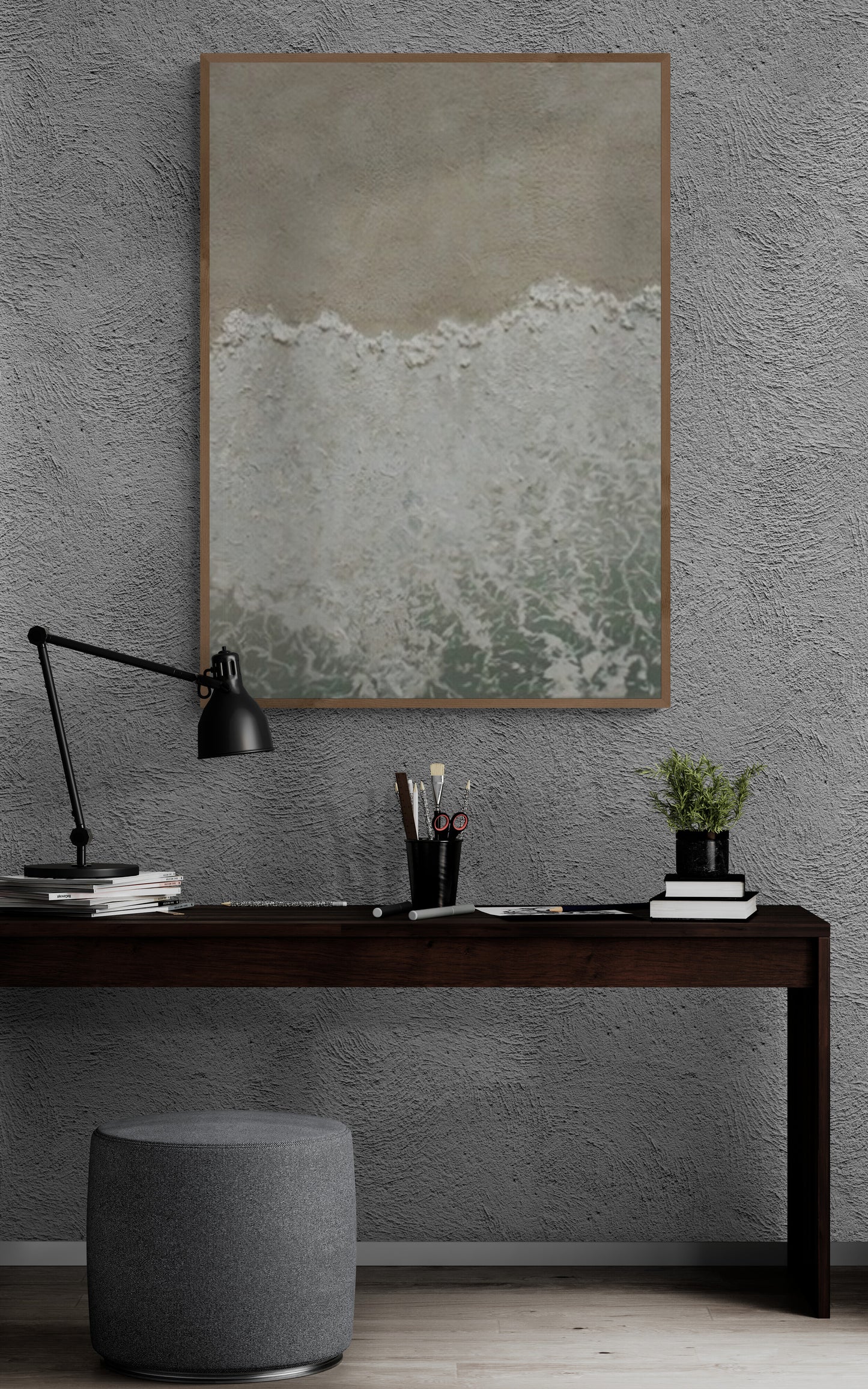 Heavy relief art ,Green and White ocean wave ,Brown coastal  wall decor , Abstract handmade wall art ,With wooden frame and acrylic paint
