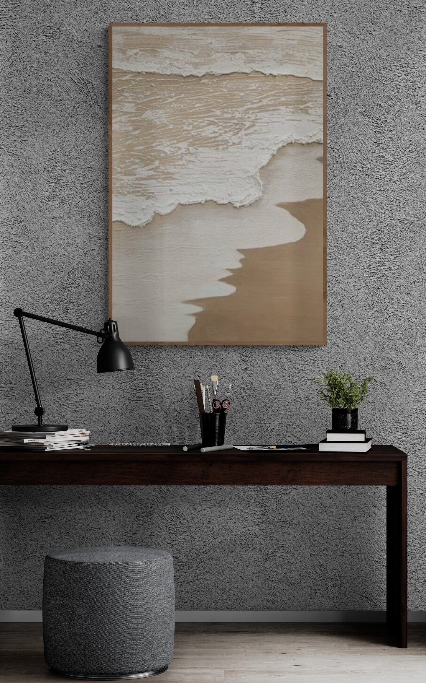 Original abstract relief ,Minimal art texture, With wooden frame and acrylic paint, Ocean wave landscape ,White ocean wave ,Brown coastal