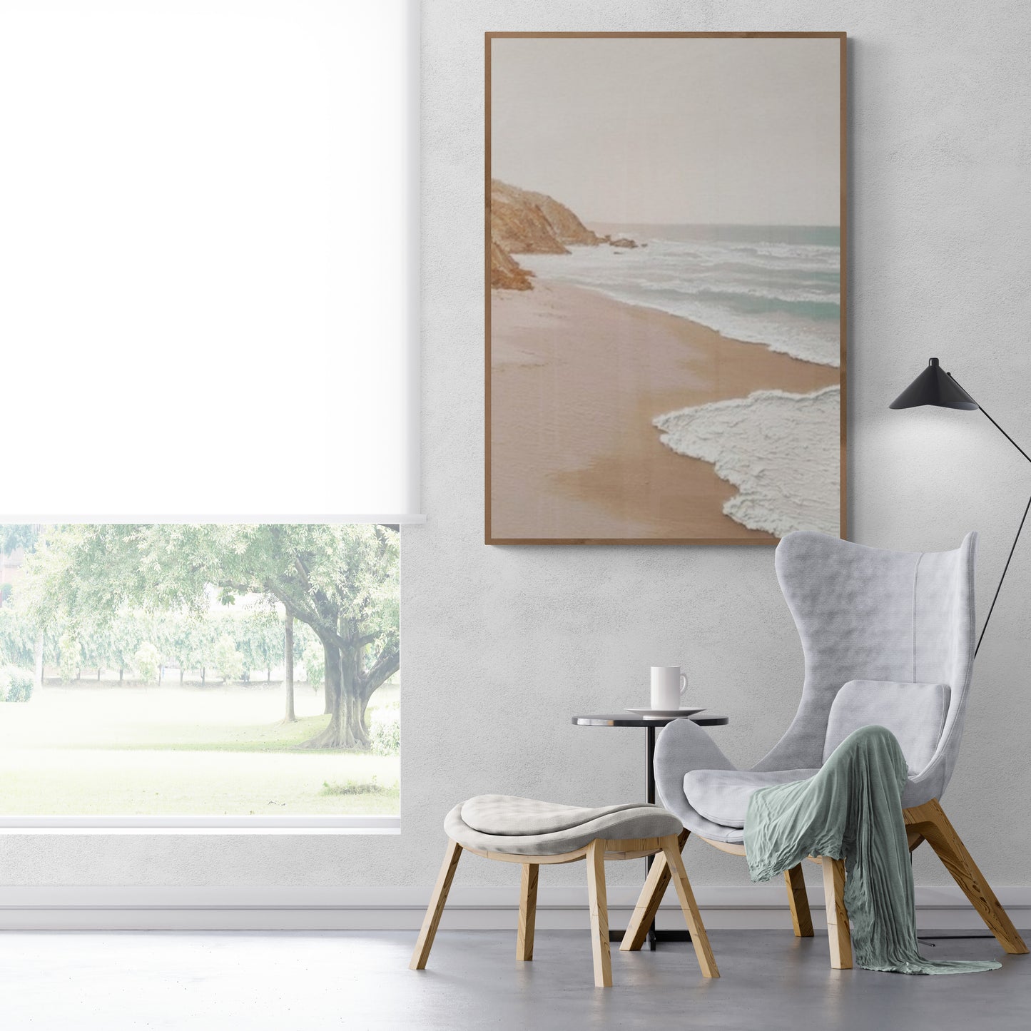 Original abstract relief ,Minimal art texture, With wooden frame and acrylic paint, Ocean wave landscape ,White ocean wave ,Brown coastal