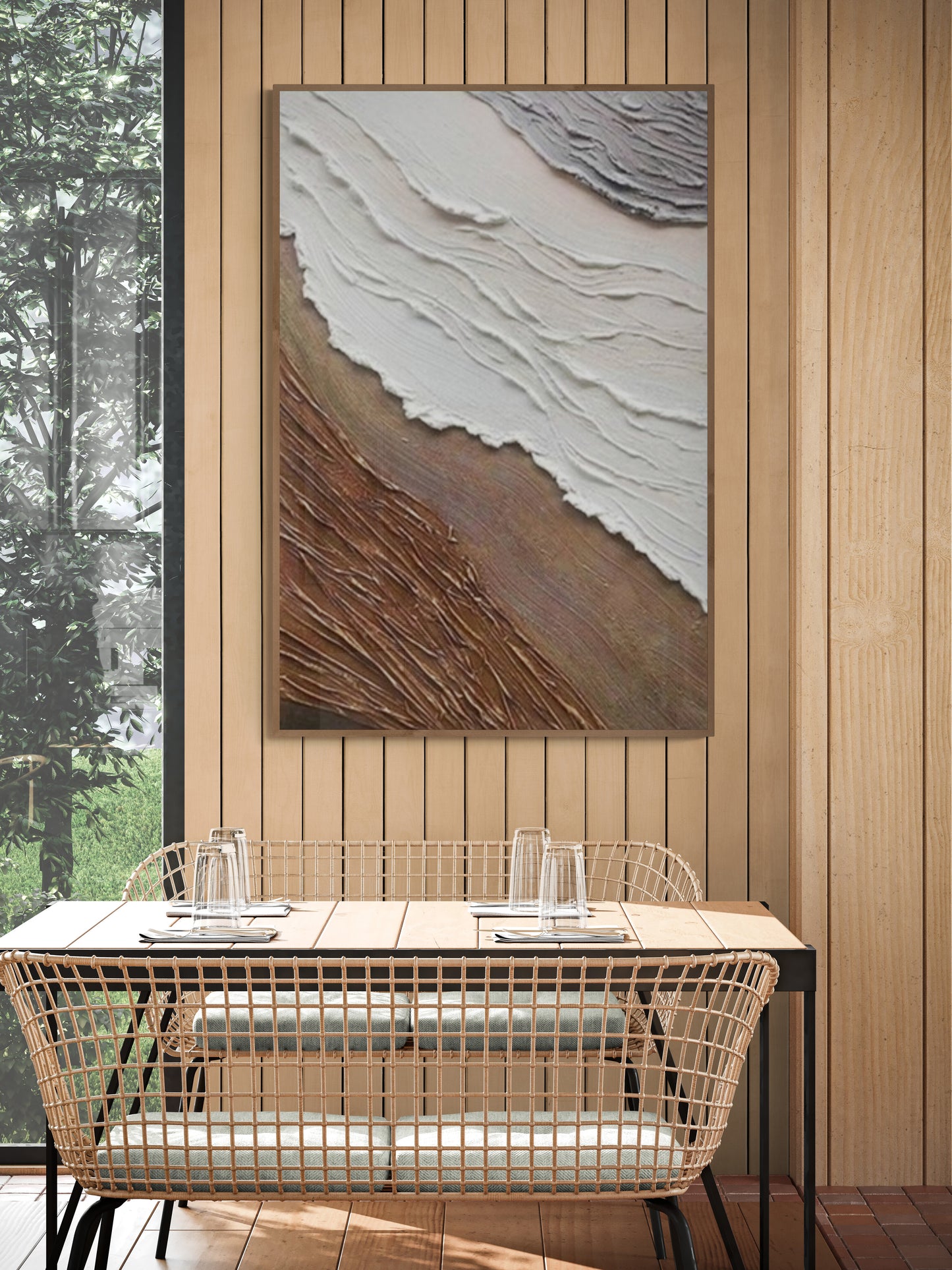 With wooden frame and acrylic paint ,Boho textured wall ,Brown ocean wave ,Brown coastal  wall decor ,Sea wall art