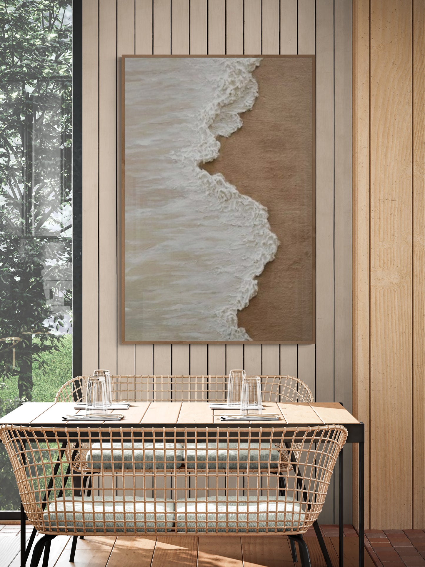 Heavy relief art ,White ocean wave ,Brown coastal  wall decor ,Abstract handmade wall art ,With wooden frame and acrylic paint