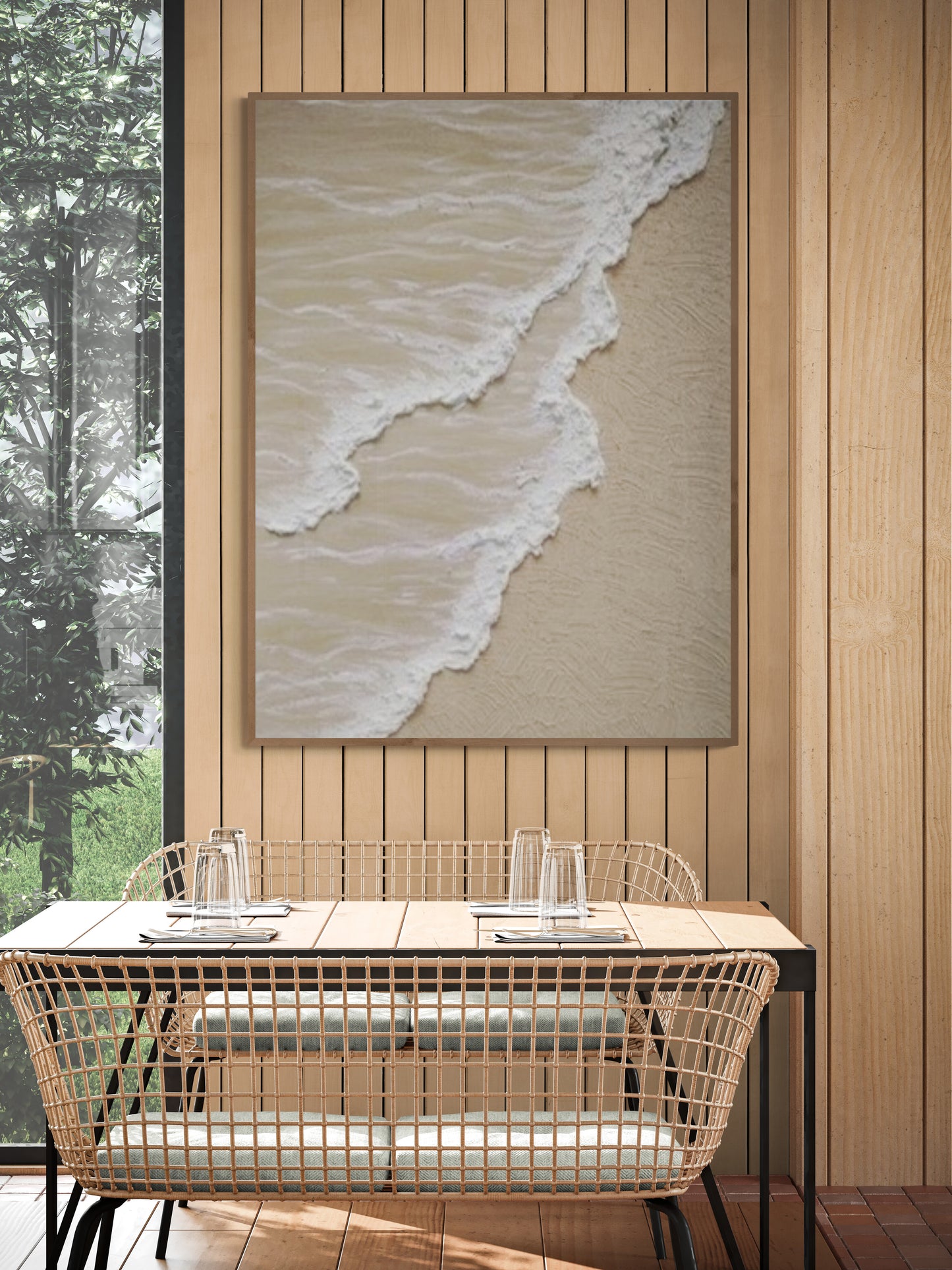 3D texture ,With wooden frame and acrylic paint ,White ocean wave ,Brown coastal  wall decor ,Plaster art texture ,Sea beach relief