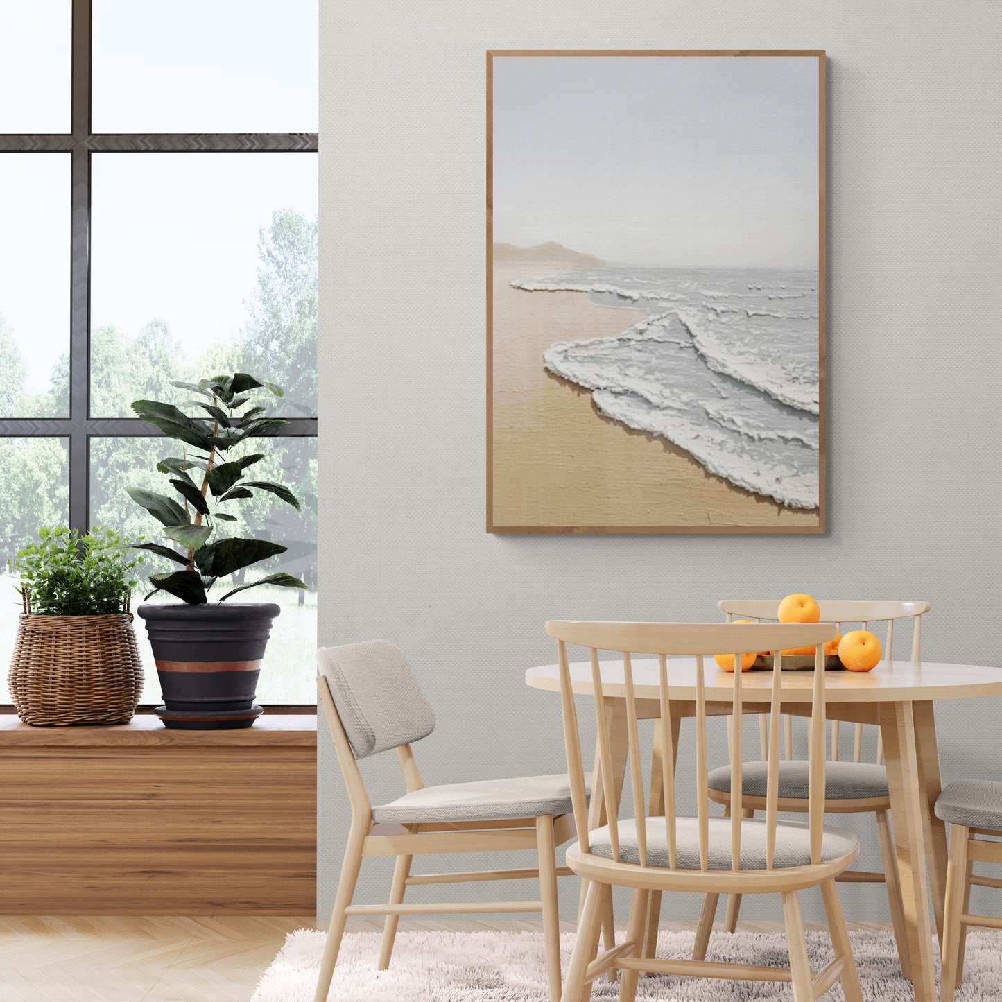 Original abstract relief ,Minimal art texture, With wooden frame and acrylic paint, Ocean wave landscape ,White ocean wave ,Brown coastal