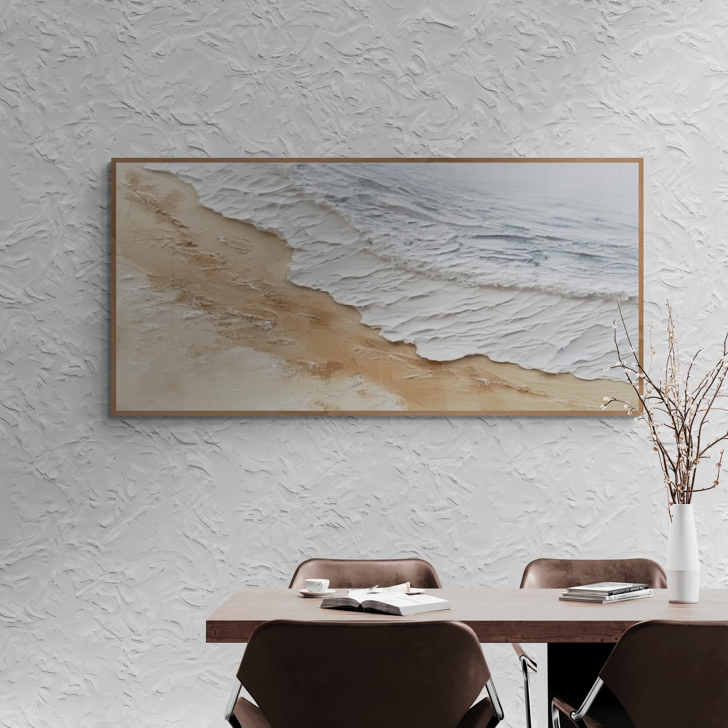 Original abstract relief ,Minimal art texture, With wooden frame and acrylic paint, Ocean wave landscape ,White ocean wave ,Brown coastal