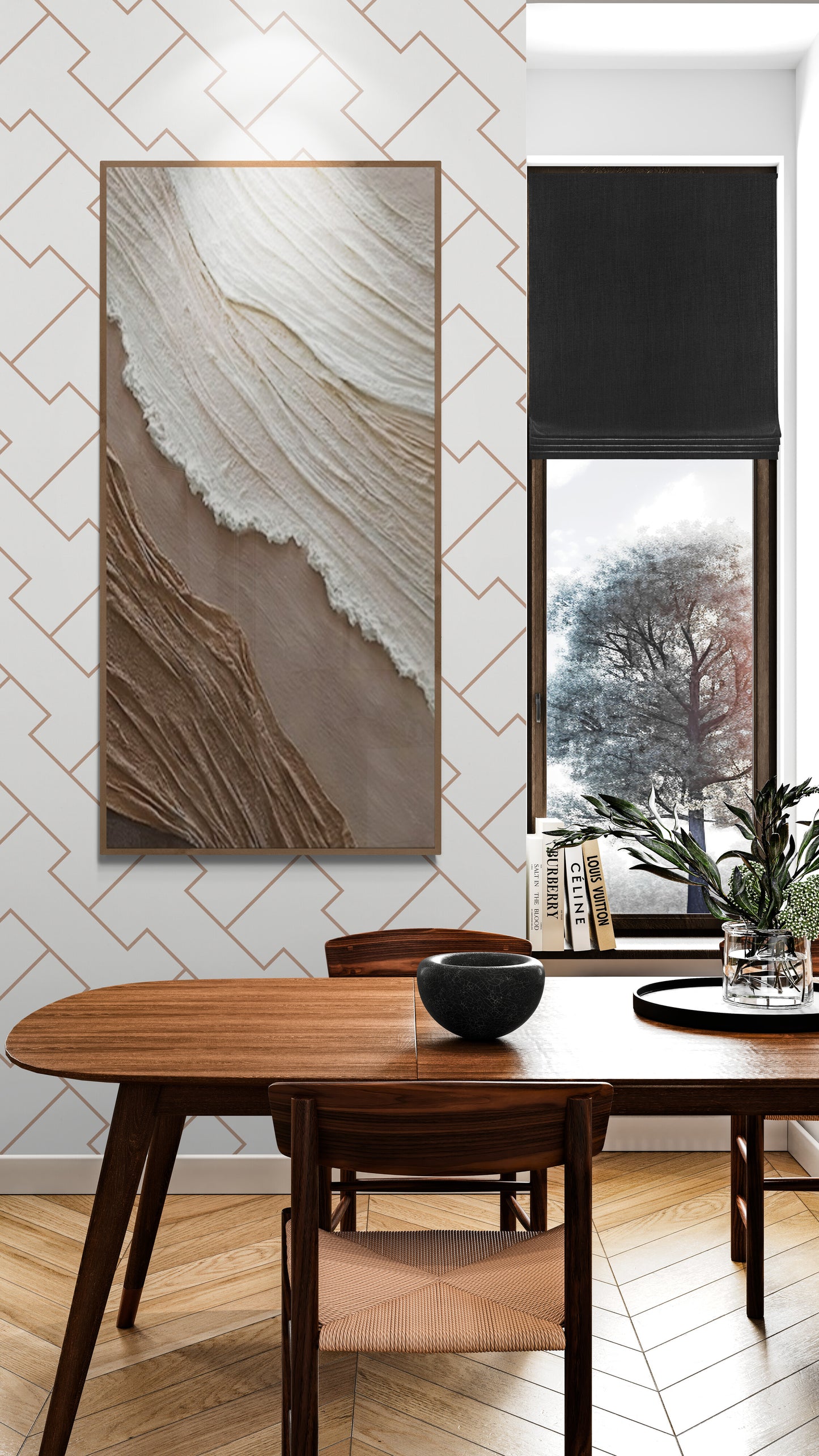 3D texture ,With wooden frame and acrylic paint ,White ocean wave ,Brown coastal  wall decor ,Plaster art texture ,Sea beach relief