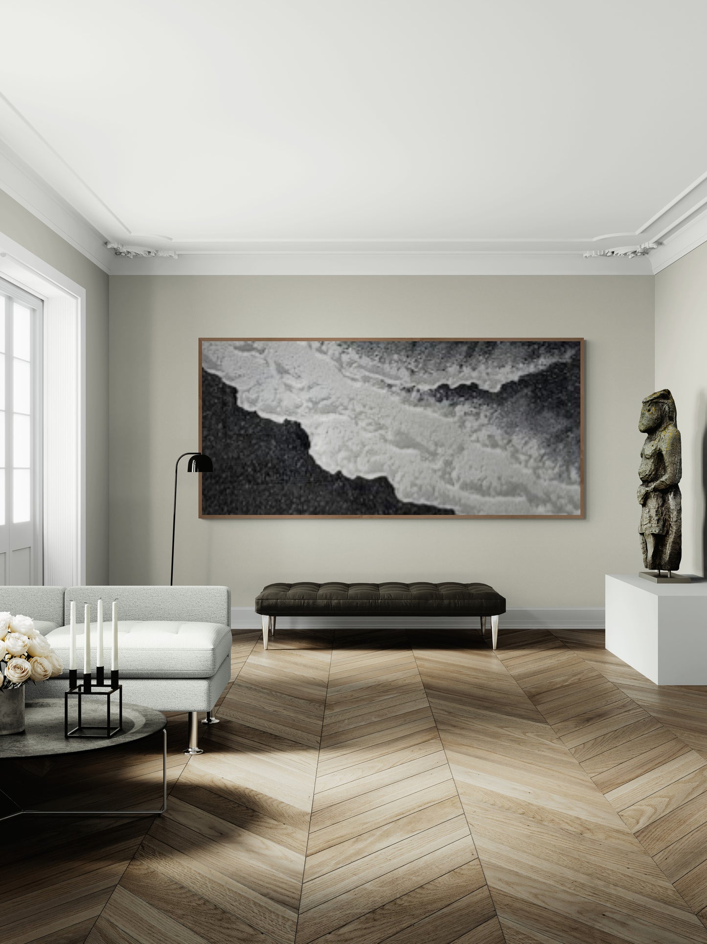 3D texture ,With wooden frame and acrylic paint ,White ocean wave ,Black coastal wall decor ,Plaster art texture ,Sea beach relief