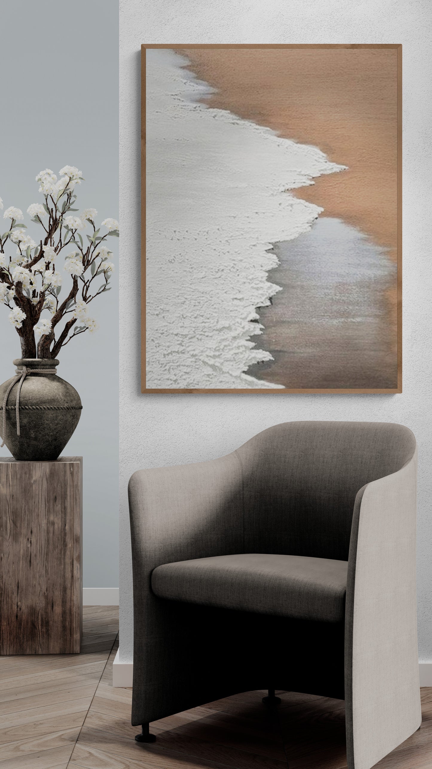Heavy relief art ,White ocean wave ,Brown coastal  wall decor ,Abstract handmade wall art ,With wooden frame and acrylic paint