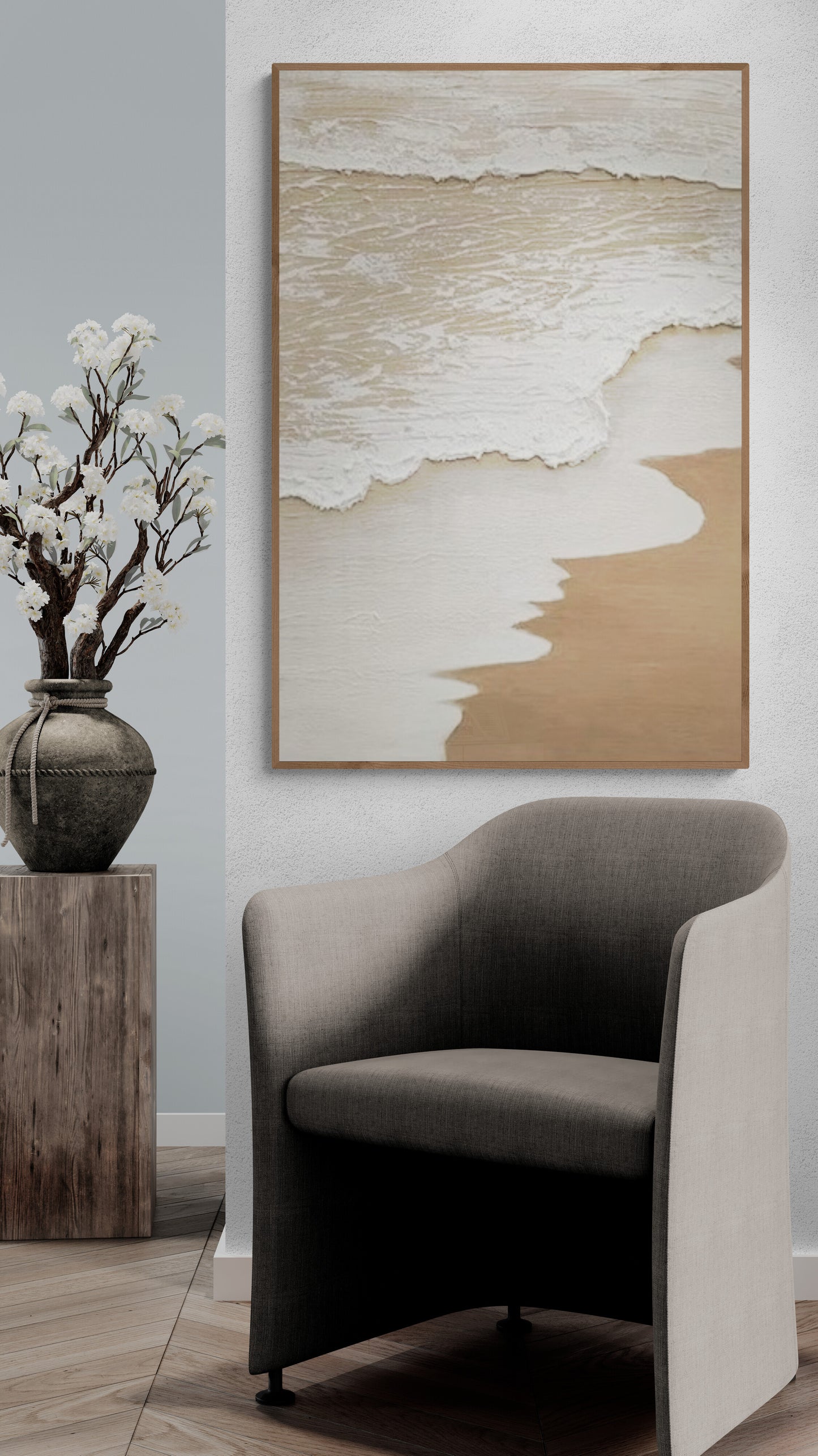 Original abstract relief ,Minimal art texture, With wooden frame and acrylic paint, Ocean wave landscape ,White ocean wave ,Brown coastal