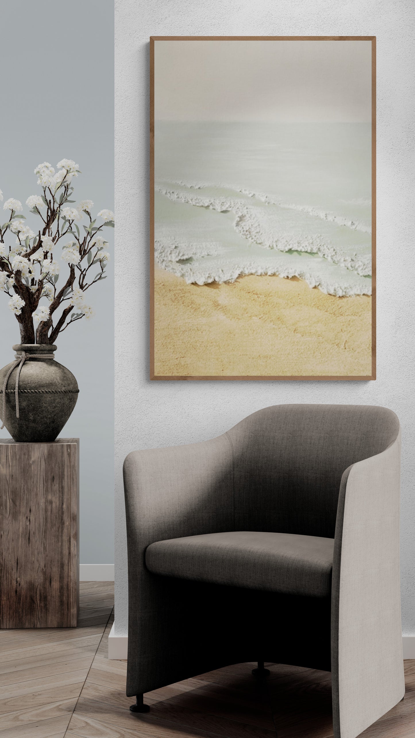 Original abstract relief ,Minimal art texture, With wooden frame and acrylic paint, Ocean wave landscape ,White ocean wave ,Brown coastal